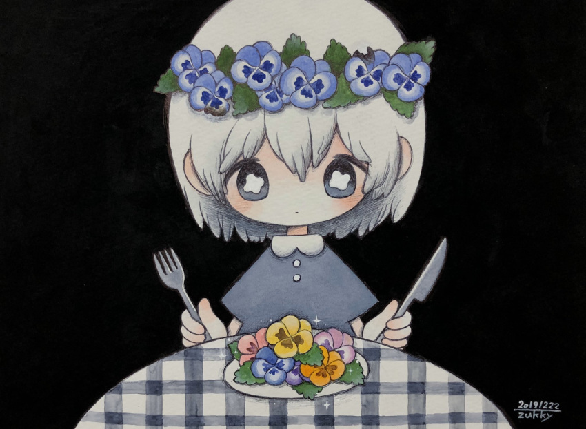 black_background blue_dress blue_flower blue_pansy bright_pupils dress female flower fork grey_eyes highres knife leaf medium_hair orange_flower orange_pansy original pansy pink_flower pink_pansy plate purple_flower purple_pansy short_sleeves simple_background solo sparkle table upper_body white_hair white_pupils yellow_flower yellow_pansy zukky000