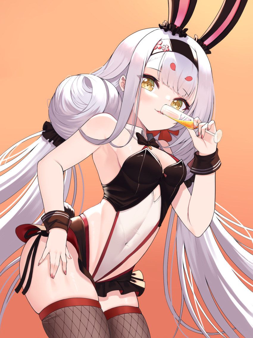 animal_ears azur_lane black_hairband blush bow bowtie breasts brown_thighhighs champagne_flute cleavage cup detached_collar drinking_glass female hairband highleg highleg_leotard highres leotard lips long_hair looking_at_viewer maru039 official_alternate_costume playboy_bunny rabbit_ears rabbit_tail shimakaze_(azur_lane) shimakaze_(world's_speediest_bunny_waitress)_(azur_lane) simple_background skindentation small_breasts smile solo tail thighhighs very_long_hair white_hair wrist_cuffs yellow_eyes