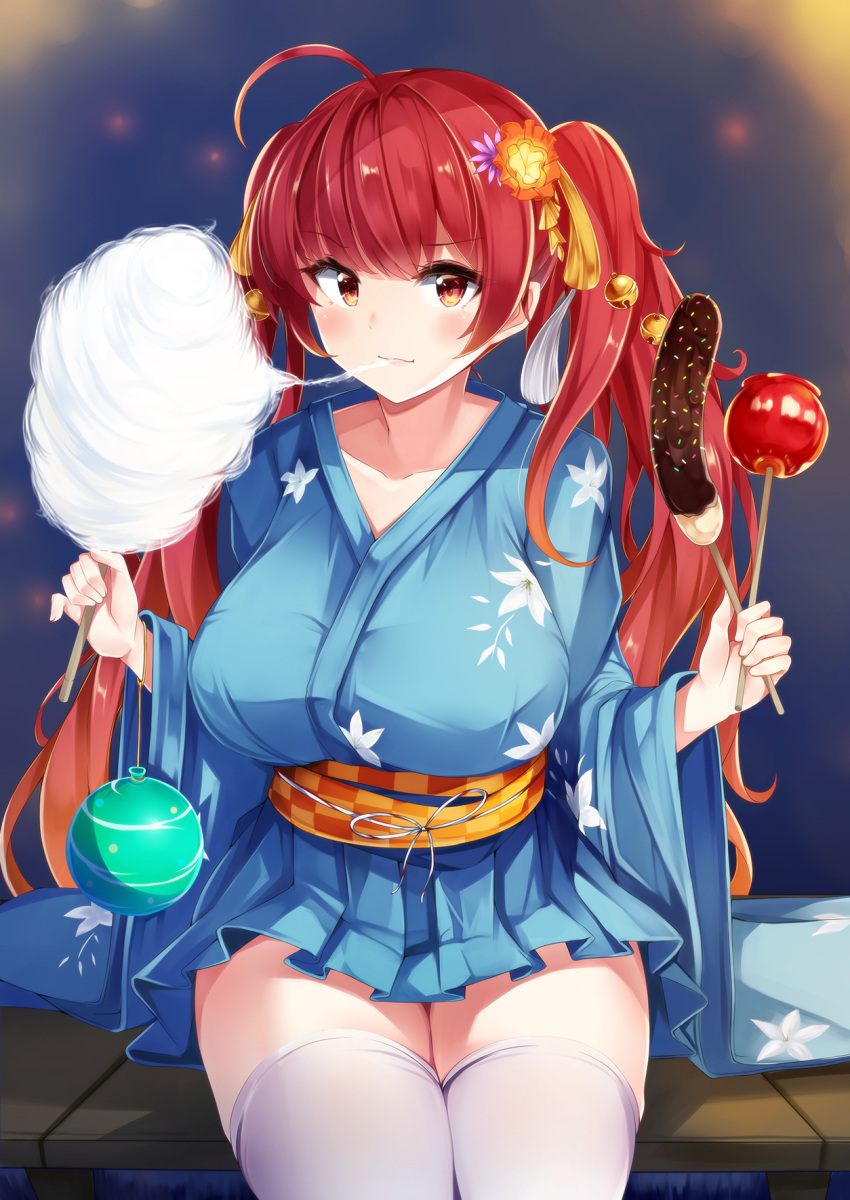 ahoge azur_lane blue_kimono blush breasts candy_apple checkered_sash chocolate_banana collarbone commentary_request cotton_candy eating female floral_print flower food hair_flower hair_ornament highres holding holding_food honolulu_(among_the_stalls)_(azur_lane) honolulu_(azur_lane) irohara japanese_clothes kimono large_breasts long_hair long_sleeves looking_at_viewer multicolored_hair obi official_alternate_costume orange_hair red_eyes red_hair sash sitting solo thighhighs thighs twintails two-tone_hair very_long_hair white_thighhighs wide_sleeves yukata