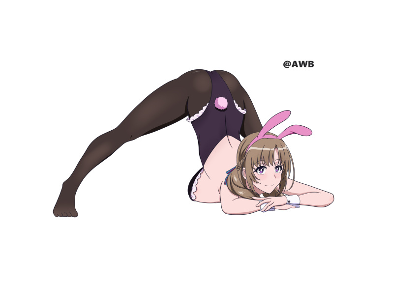 animal_ears arm_rest awb97 breasts bright_pupils brown_hair female highres jack-o'_challenge leotard long_hair looking_at_viewer mature_female meme oosuki_mamako pantyhose playboy_bunny purple_eyes rabbit_ears sideboob simple_background smile solo spread_legs top-down_bottom-up tsuujou_kougeki_ga_zentai_kougeki_de_ni-kai_kougeki_no_okaasan_wa_suki_desu_ka? white_background white_pupils wide_spread_legs