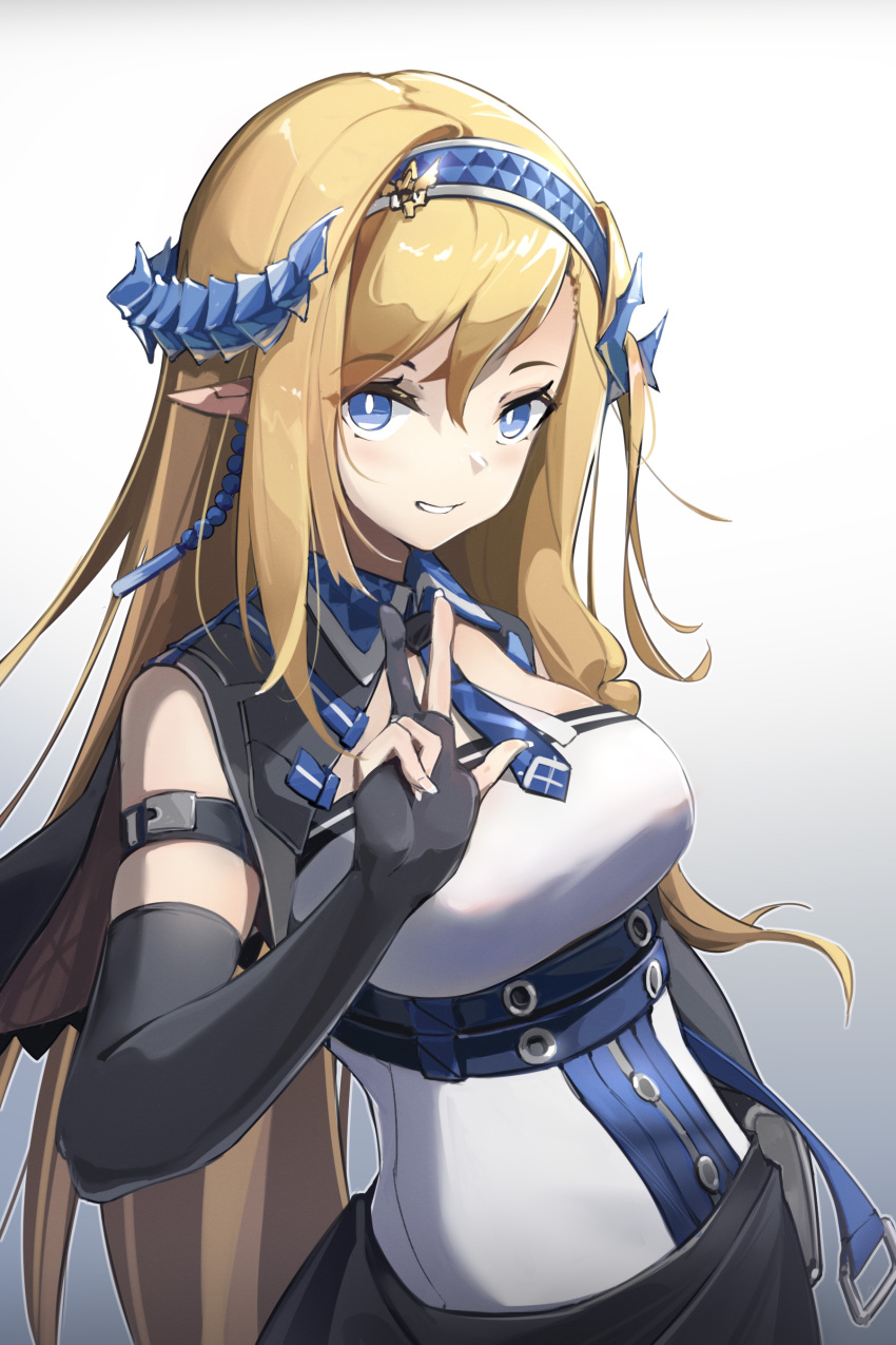 absurdres arknights black_gloves black_skirt blonde_hair blue_eyes blue_hairband blue_necktie breasts bright_pupils commentary cowboy_shot dragon_horns elbow_gloves emblem female gloves gradient_background hairband highres horns large_breasts long_hair looking_at_viewer mcoco7 necktie parted_lips partially_fingerless_gloves pointy_ears saileach_(arknights) shirt skirt smile solo symbol-only_commentary underbust v white_background white_shirt