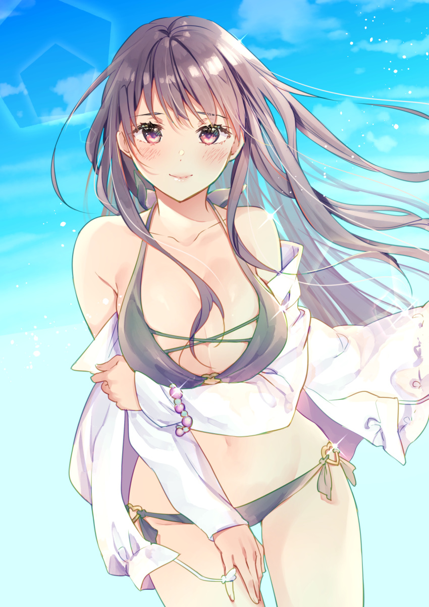 bikini black_hair blue_sky blush bracelet breasts cleavage cocoa_(cafe-hotcocoa) day dutch_angle female highres jacket jewelry large_breasts long_hair looking_at_viewer off_shoulder open_clothes open_jacket original outdoors red_eyes sky smile solo swimsuit wind