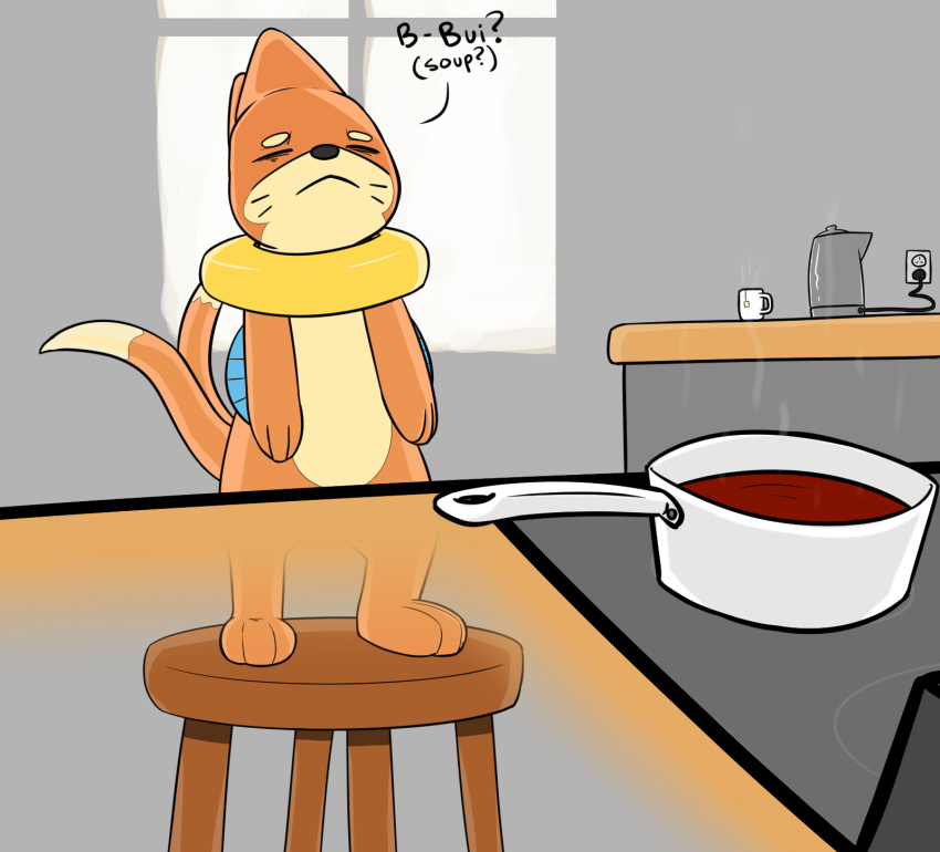 ambiguous_gender ashisprey buizel container cup dialogue exhausted food furniture generation_4_pokemon hi_res kitchen nintendo pokemon pokemon_(species) solo soup stool stove_burner tea_bag tea_cup tired_eyes