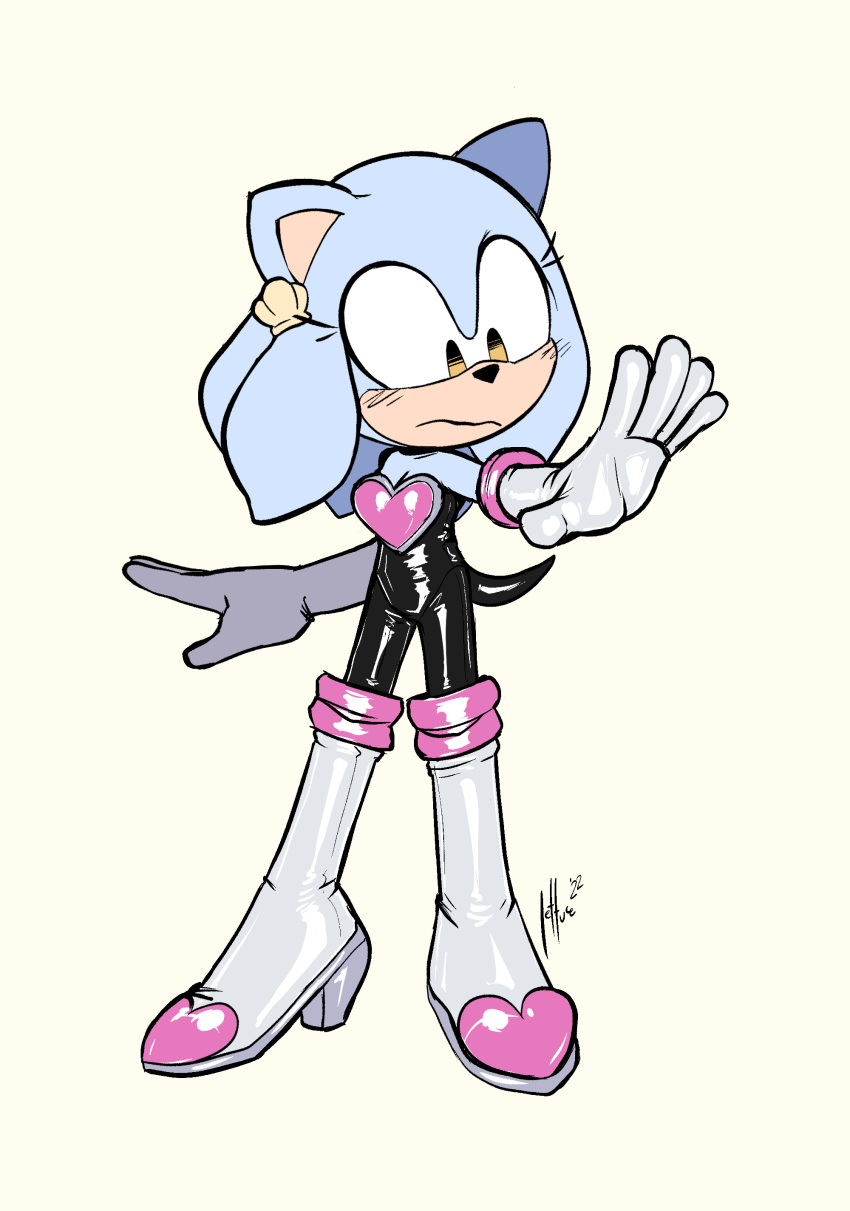 2022 absurd_res anthro blue_body blue_fur blush blush_lines boots clothing cosplay eulipotyphlan fan_character female footwear fur gloves handwear hedgehog hi_res high_heeled_boots high_heels honeydew_(lettuce) lettuce_(artist) mammal narrow_hips rouge_the_bat sega simple_background solo sonic_the_hedgehog_(series) thin_calves thin_legs thin_thighs tight_clothing white_background