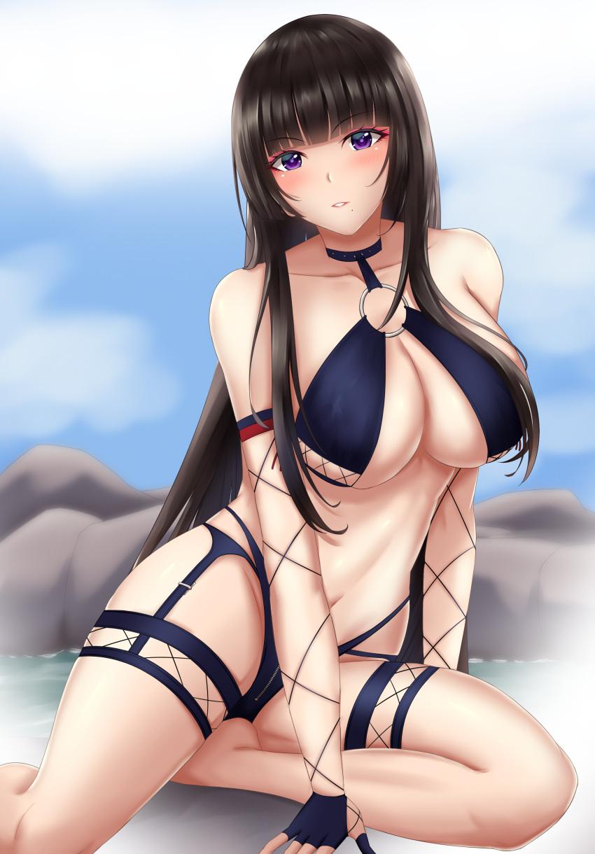 absurdres azur_lane bare_shoulders bikini black_hair blue_bikini blue_gloves blush breasts cleavage closed_mouth collaboration collarbone dead_or_alive dead_or_alive_xtreme female fingerless_gloves gloves highres large_breasts long_hair looking_at_viewer mole mole_under_mouth navel nyotengu nyotengu_(scarlet-tinged_hot_spring_vacation)_(doa) purple_eyes sitting solo swimsuit togare underboob water