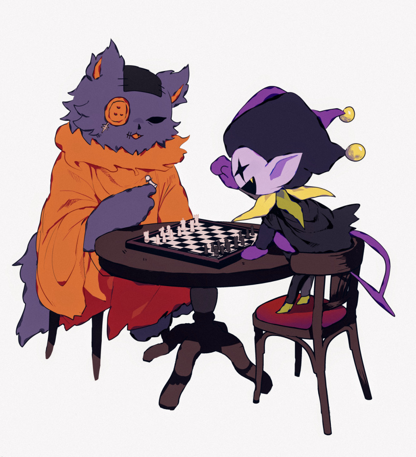 board_game buttons chair chess chess_piece chessboard colored_skin deltarune feline hat highres jester_cap jevil no_humans oerba_yun_fang orange_tunic patch playing_games purple_fur purple_skin scar seam_(deltarune) simple_background smile table tail tunic white_background y_o_u_k_a