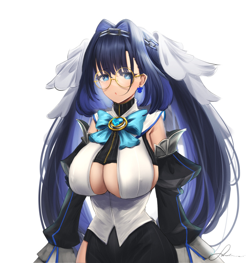 alternate_hair_length alternate_hairstyle black_skirt blue_bow blue_eyes blue_hair bow bow_earrings breasts chain_headband chains cleavage cleavage_cutout clothing_cutout commentary detached_sleeves earrings female glasses hair_intakes headband highres hololive hololive_english jewelry large_breasts long_hair long_sleeves ouro_kronii ouro_kronii_(1st_costume) parted_lips shiina_rei shirt signature simple_background skirt solo twintails veil very_long_hair virtual_youtuber white_background white_shirt