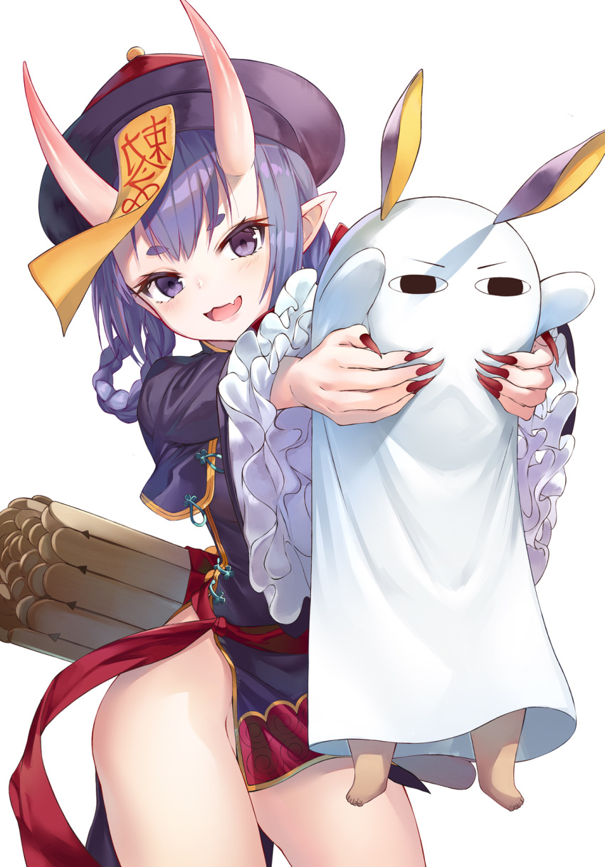 bangs blush breasts china_dress chinese_clothes cosplay dress eyeliner fate/grand_order fate_(series) feline female hair_rings hat heroic_spirit_festival_outfit highres horns jiangshi long_sleeves longcat looking_at_viewer makeup nitocris_(fate/grand_order) nitocris_(swimsuit_assassin)_(fate) nitocris_(swimsuit_assassin)_(fate)_(cosplay) oerba_yun_fang ofuda oni oni_horns pelvic_curtain purple_dress purple_eyes purple_hair sash short_eyebrows short_hair shuten_douji_(fate/grand_order) simple_background small_breasts smile suigetsu_(hjs1106) thighs white_background