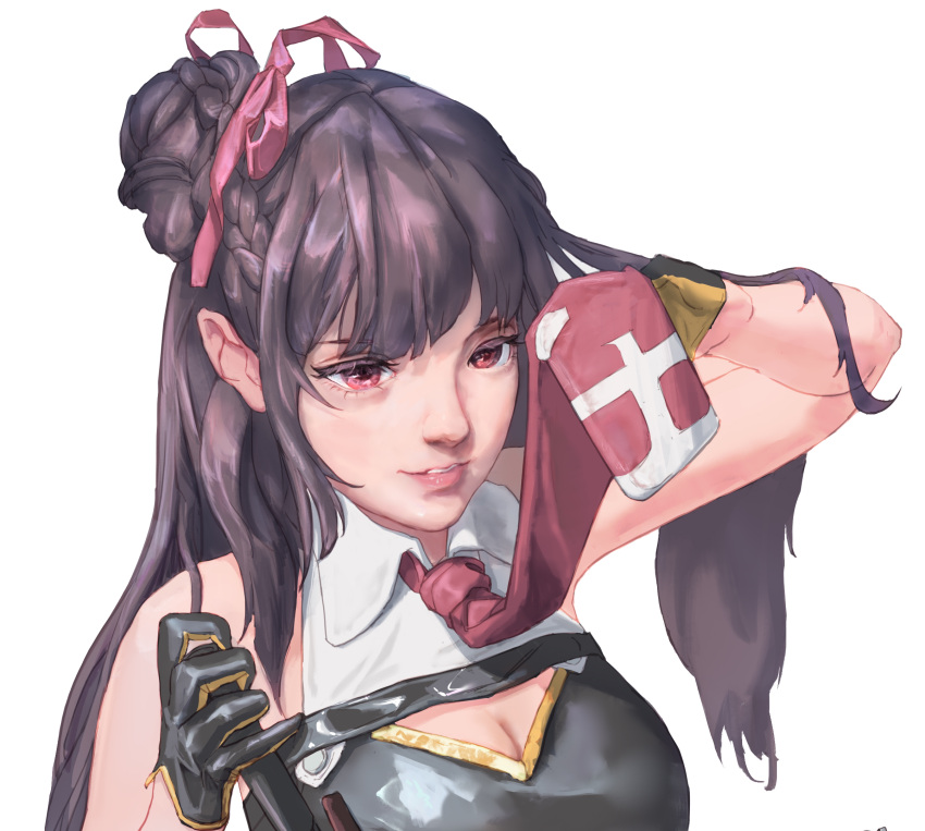 arm_up bad_id bad_pixiv_id bare_shoulders black_gloves braid breasts brown_hair bullpup cleavage cleavage_cutout clothing_cutout cropped female girls'_frontline gloves gong_cha gun half_gloves highres holding holding_weapon long_hair multicolored_clothes multicolored_gloves necktie parted_lips pink_eyes pink_lips red_necktie rifle smile sniper_rifle solo two-tone_gloves wa2000_(girls'_frontline) walther walther_wa_2000 weapon white_background yellow_gloves