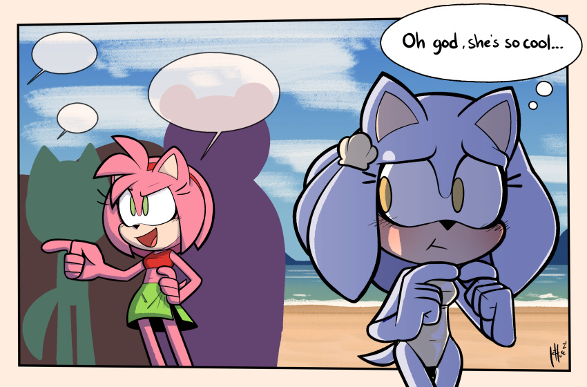 2021 amy_rose anthro beach blue_eyes blush clothing crowd dialogue empty_speech_bubble english_text eulipotyphlan fan_character female fur green_eyes group hedgehog hi_res honeydew_(lettuce) lettuce_(artist) mammal one-piece_swimsuit pink_body pink_fur seaside sega sonic_the_hedgehog_(series) speech_bubble swimwear text thigh_gap thin_calves thin_legs thin_thighs thought_bubble wide_hips