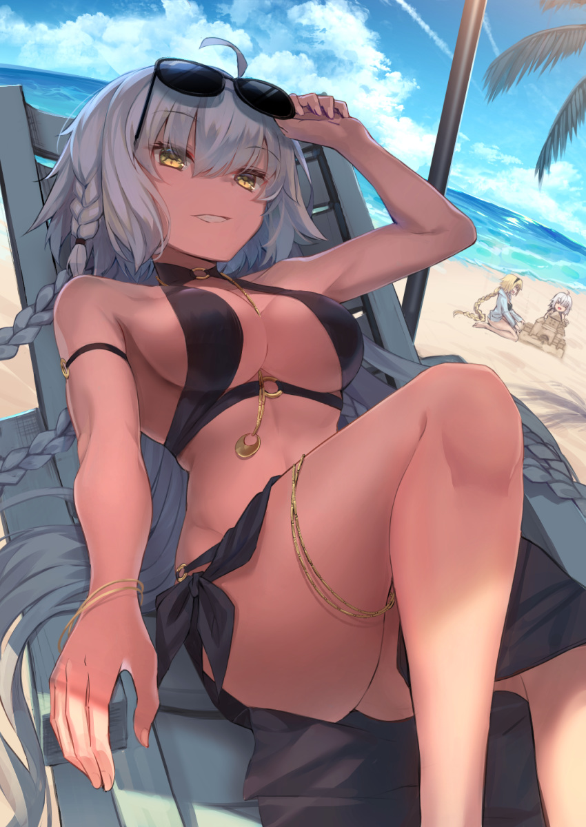 3girls adjusting_eyewear ahoge alternate_costume arm_up ass bangle bare_arms bare_shoulders beach bikini black-framed_eyewear black_bikini blonde_hair blue_sky bracelet braid breasts chair cleavage cloud cloudy_sky commentary_request contrail day fate/grand_order fate_(series) grey_hair grin hairband halterneck hand_on_eyewear highres hopepe jeanne_d'arc_(fate) jeanne_d'arc_(swimsuit_archer)_(fate) jeanne_d'arc_(swimsuit_archer)_(first_ascension)_(fate) jeanne_d'arc_alter_(fate) jeanne_d'arc_alter_(festival_outfit)_(fate) jeanne_d'arc_alter_santa_lily_(fate) jewelry knee_up large_breasts long_hair looking_at_viewer lounge_chair multiple_girls o-ring o-ring_bikini ocean official_alternate_costume outdoors reclining sand_castle sand_sculpture sarong single_braid sky smile sunglasses swimsuit very_long_hair yellow_eyes