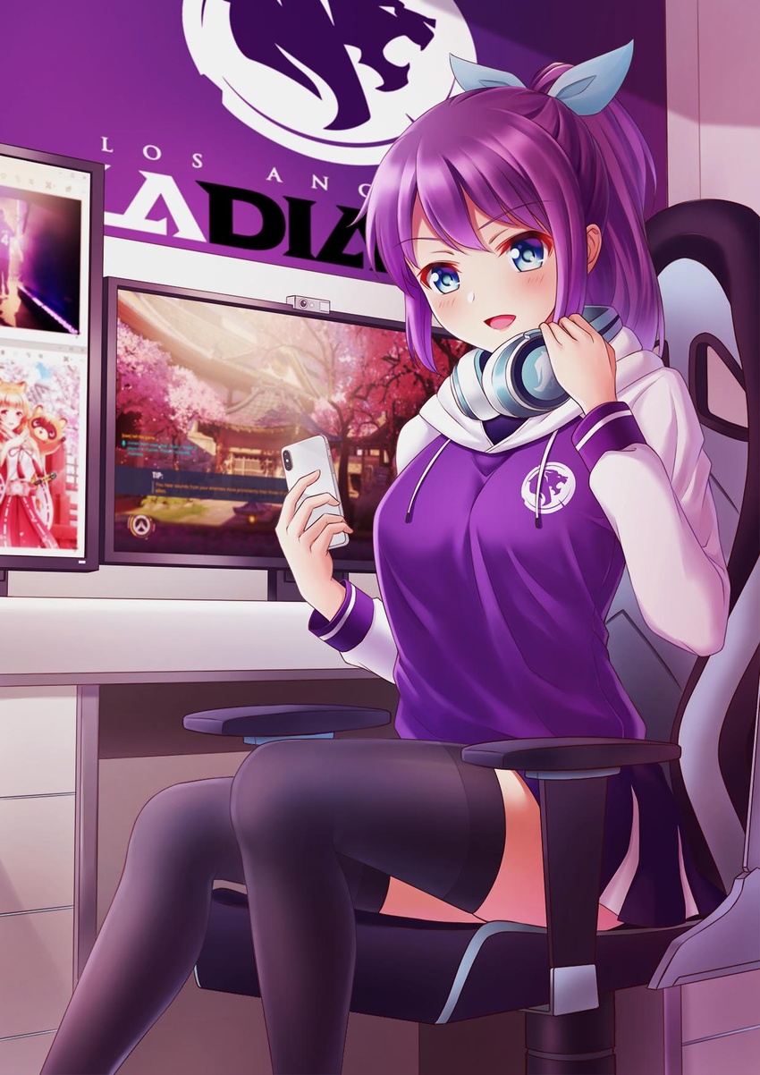 black_thighhighs blue_eyes blue_ribbon blush breasts cellphone commentary computer feet_out_of_frame female headphones highres holding holding_phone hood hood_down hoodie indoors long_hair long_sleeves looking_at_viewer los_angeles_gladiators medium_breasts myudon18 open_mouth original overwatch overwatch_(logo) overwatch_1 overwatch_league phone photoshop_(medium) pink_hair ponytail purple_hoodie purple_skirt ribbon sitting skirt smartphone solo tanuki thighhighs webcam white_hoodie