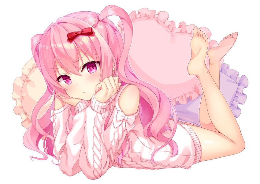 absurdres barefoot commentary_request feet female girlfriend_(kari) head_rest highres kagami_matsuri legs legs_up long_hair lying no_pants on_stomach photoshop_(medium) pillow pink_eyes pink_hair pink_sweater ribbon shelty_(childcatshiorin) soles solo sweater the_pose toes two_side_up