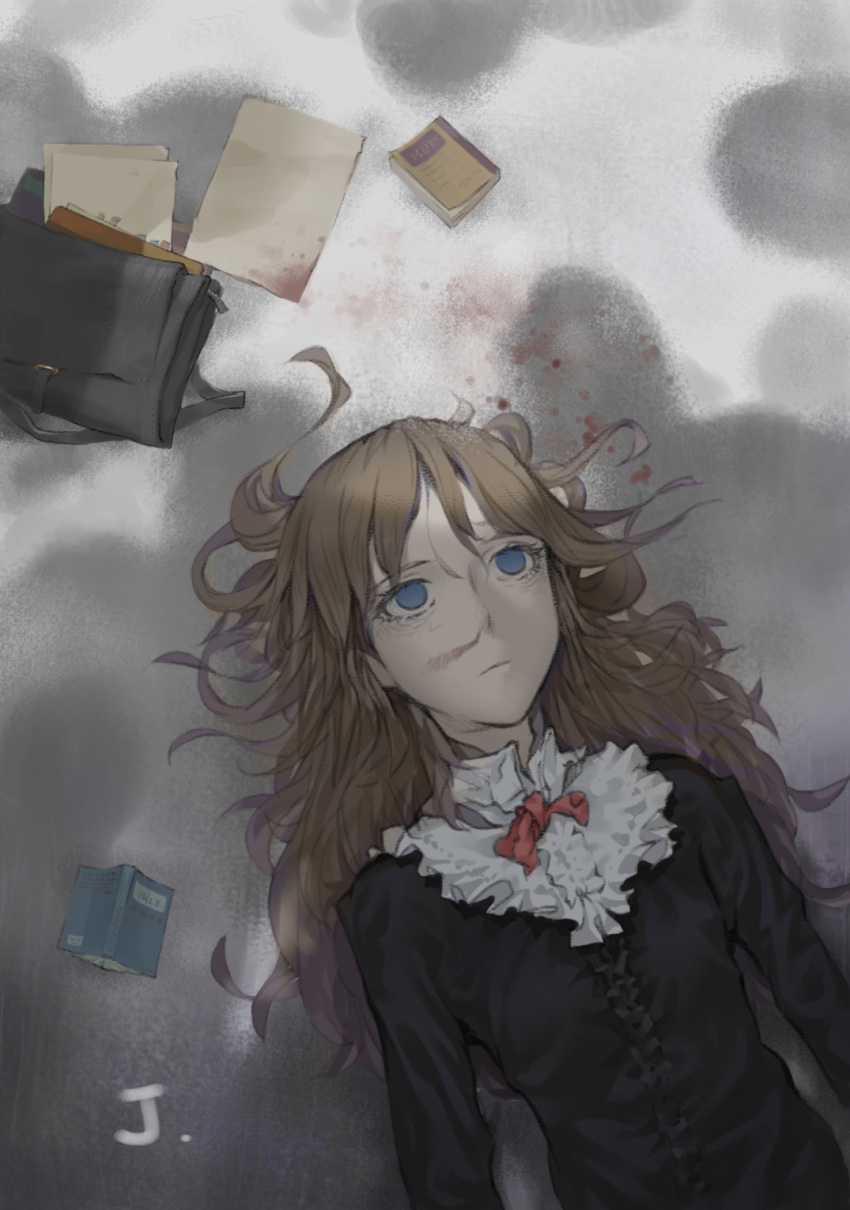 bag bags_under_eyes black_shirt blood blood_stain blue_eyes brown_hair chinese_commentary commentary_request female highres long_hair long_sleeves original photoshop_(medium) shadow shirt solo yurayura