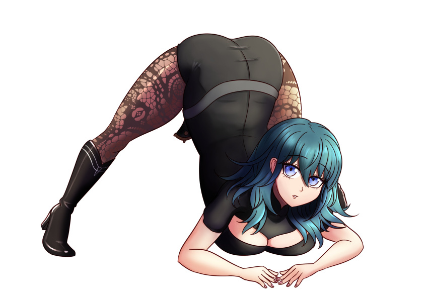 1girls ass_up blue_eyes boots breast_press byleth_(fire_emblem) byleth_(fire_emblem)_(female) cleavage cleavage_cutout face_down_ass_up fire_emblem fire_emblem:_three_houses jack-o_pose large_breasts leggings looking_at_viewer medium_hair nintendo open_mouth pose shorts solo spread_legs teal_hair white_background willanator