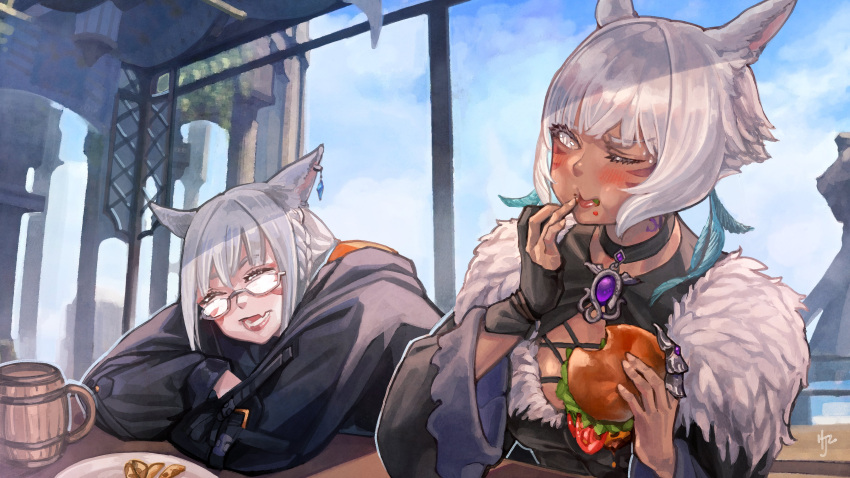 2girls absurdres animal_ears archon_mark artemi_lunavorsa artist_self-insert breasts burger cat_ears closed_eyes dark-skinned_female dark_skin day earrings eating facial_mark feather-trimmed_dress feather_hair_ornament feathers final_fantasy final_fantasy_xiv food glasses gloves grey_eyes grey_hair hair_ornament highres hjz_(artemi) jewelry long_hair medium_breasts miqo'te multiple_girls neck_tattoo oerba_yun_fang one_eye_closed open_mouth partially_fingerless_gloves semi-rimless_eyewear short_hair single_glove skin_fang tattoo under-rim_eyewear warrior_of_light_(ff14) whisker_markings y'shtola_rhul