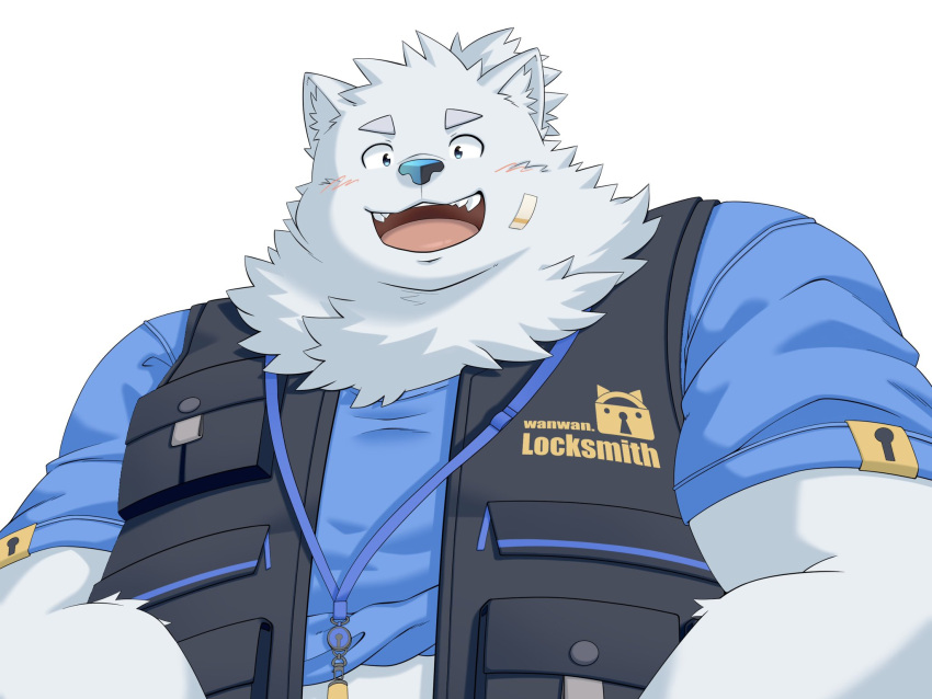 4:3 anthro belly blue_clothing blush canid canine canis clothing domestic_dog fur hi_res homohomofever lifewonders live_a_hero male mammal nordic_sled_dog overweight samoyed solo spitz topwear vest white_body white_fur yohack