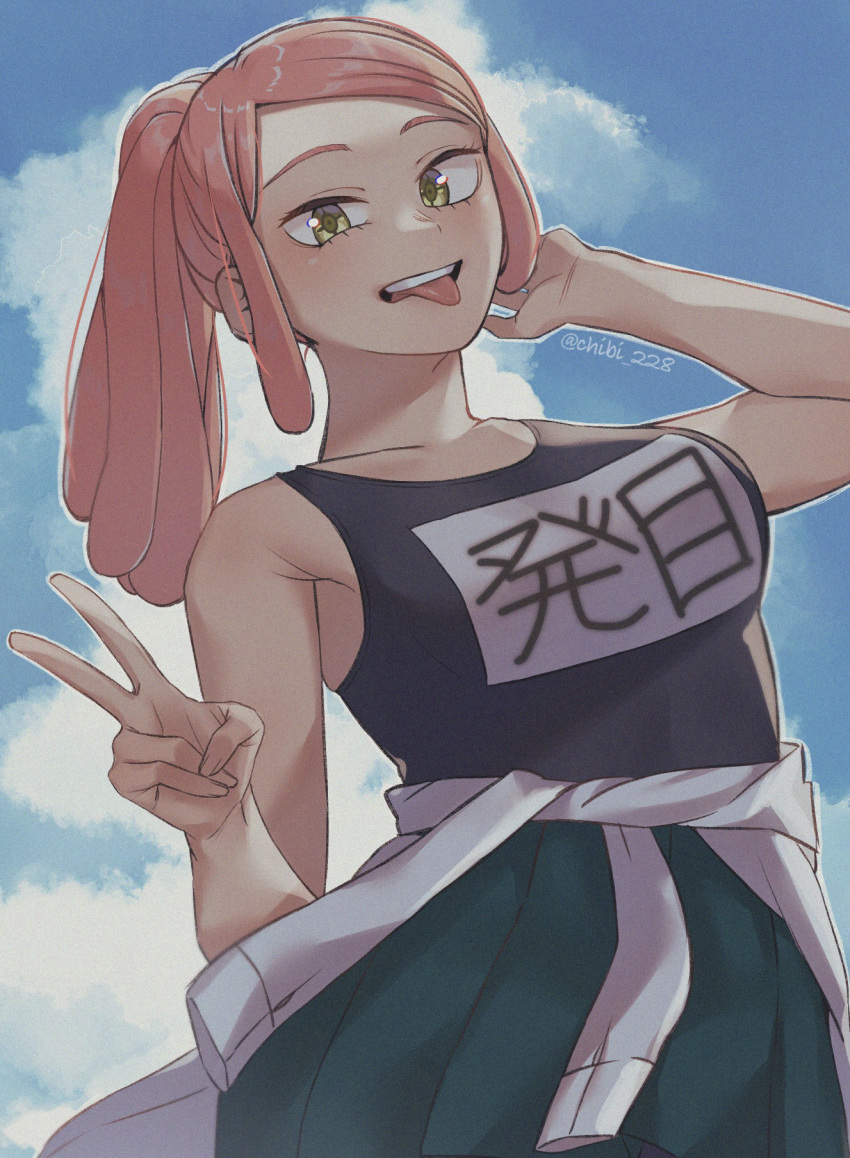 artist_name black_shirt boku_no_hero_academia breasts chibi_228 cloud crosshair_pupils day female hand_up hatsume_mei highres long_hair looking_at_viewer medium_breasts pink_hair shirt skirt tongue tongue_out v yellow_eyes