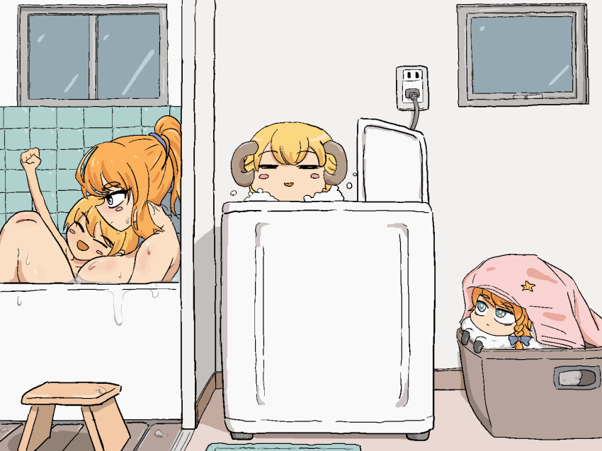 1boy 4girls :d animated animated bathtub blanket blinking blonde_hair blue_bow blush blush_stickers bow breasts clenched_hand closed_eyes closed_mouth commentary_request cookie_(touhou) dual_persona electric_plug expressionless genderswap_(ftm) hairbow hakurei_reimu high_ponytail human_head in_washing_machine indoors kirisame_marisa kyuuden large_breasts laundry_basket long_hair looking_at_another looping_animation mars_(cookie) medium_bangs multiple_girls open_mouth otoko_no_ko red_bow rei_(cookie) rule_63 same-sex_bathing sananana_(cookie) shared_bathing sheep short_hair smile soap_bubbles spinning stool suzu_(cookie) touhou upper_body washing_machine window