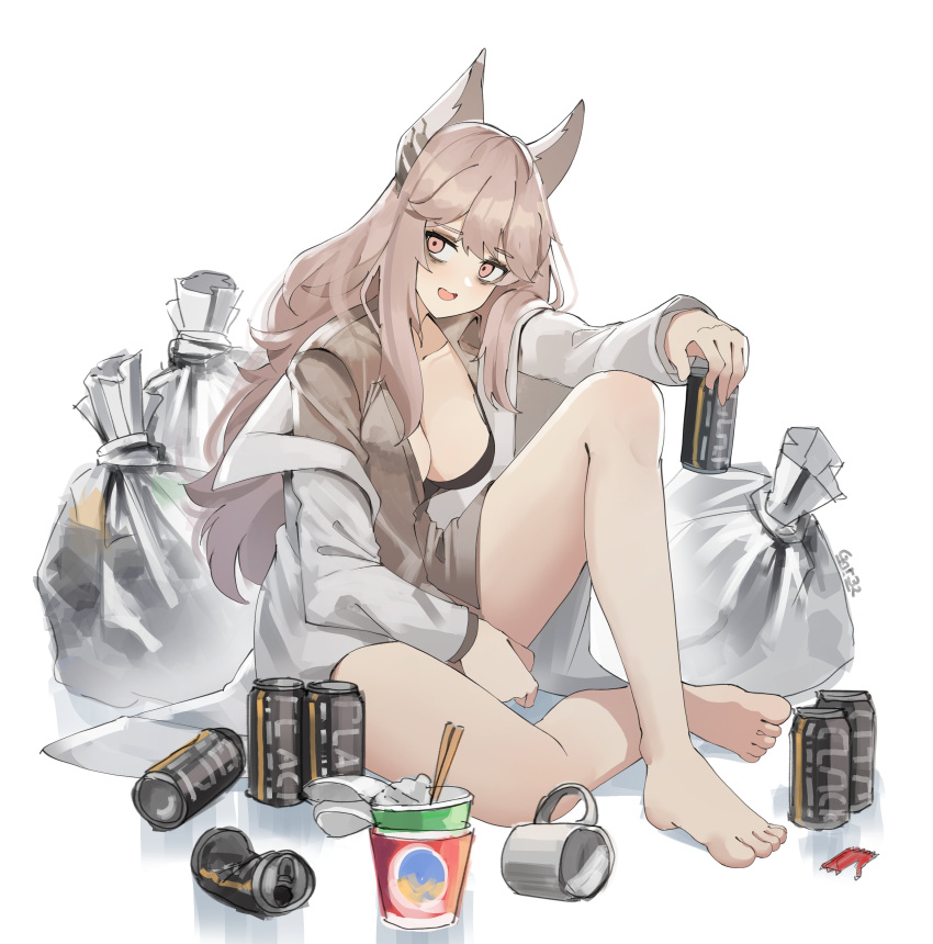 absurdres animal_ears bags_under_eyes barefoot bra breasts brown_shirt can cat_ears coat crushed_can cup cup_ramen disposable_cup female gar32 girls'_frontline highres holding holding_can lab_coat long_hair looking_at_viewer messy_hair mug open_clothes open_coat open_mouth persica_(girls'_frontline) pink_eyes pink_hair shirt simple_background sitting smile solo trash_bag underwear white_background