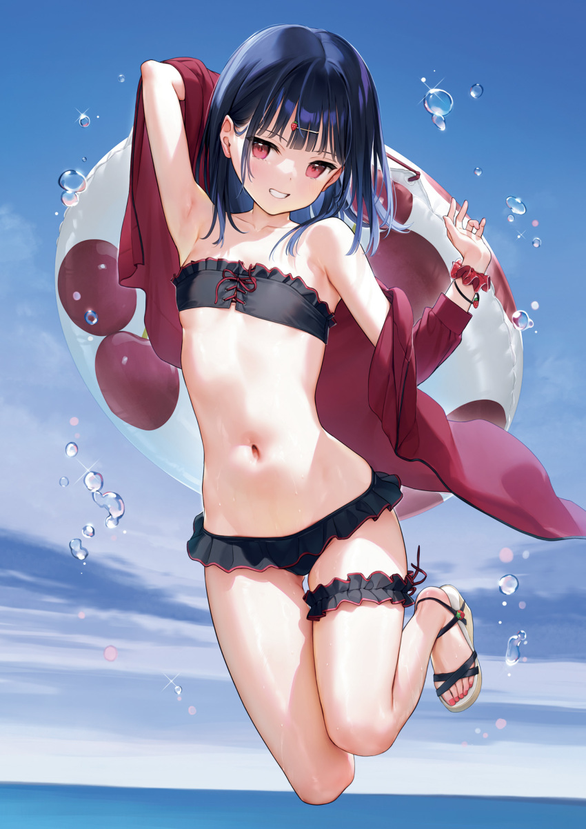 armpits bare_shoulders bikini black_hair blue_sky blush bow bowtie bracelet breasts collarbone day female frills hair_ornament hairclip highres holding ichigo-chan_(mignon) innertube jacket jewelry looking_at_viewer mignon navel open_clothes open_jacket original outdoors parted_lips red_eyes sandals scrunchie shiny_skin short_hair sky small_breasts smile solo stomach swim_ring swimsuit thigh_strap thighs toeless_footwear toes water water_drop wrist_scrunchie