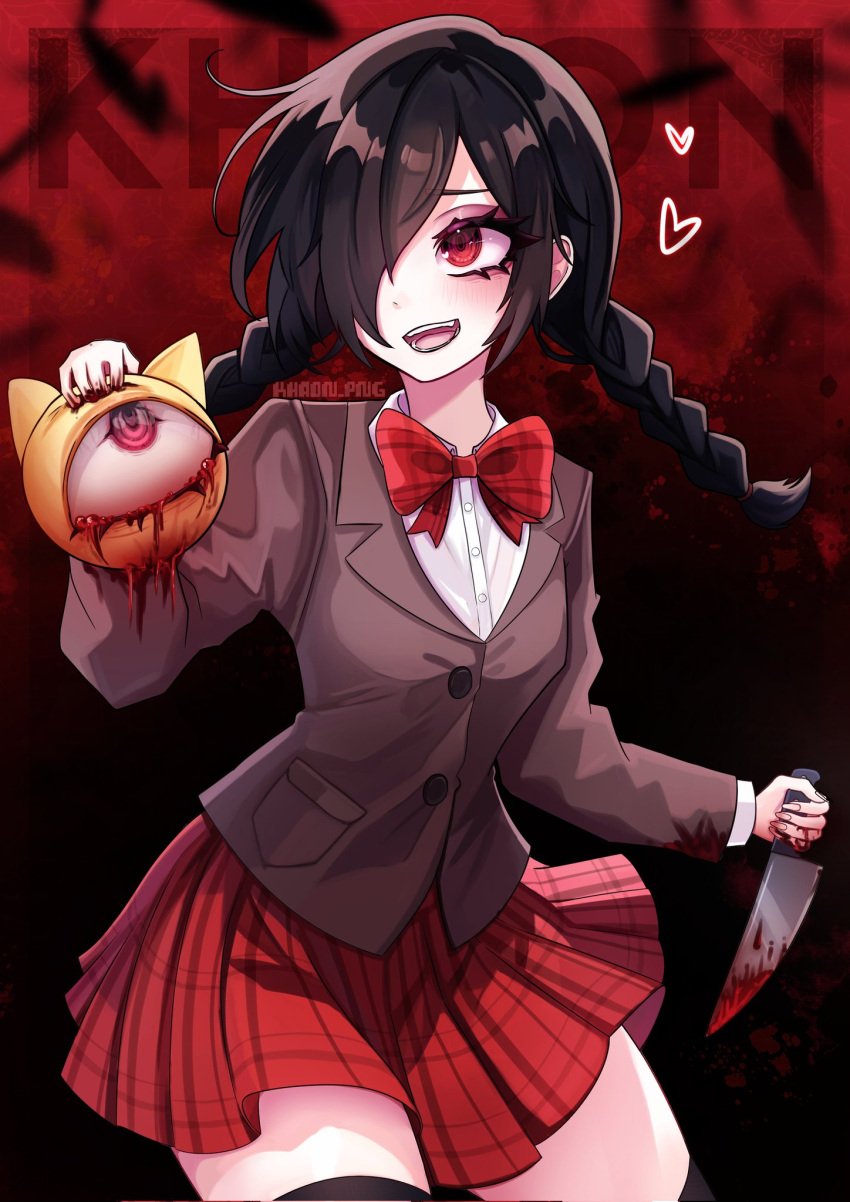 artist_name black_hair black_thighhighs blood blood_from_eyes blood_on_knife blood_splatter bow bowtie braid brown_jacket collared_shirt english_commentary female funamusea goth_fashion hair_over_one_eye heart highres holding holding_head holding_knife jacket khaonpng king_mogeko knife kurai_yonaka mogeko_castle one_eye_covered open_mouth plaid plaid_bow plaid_skirt red_background red_eyes red_skirt school_uniform shirt skirt smile solo thighhighs twin_braids white_shirt yellow_cat