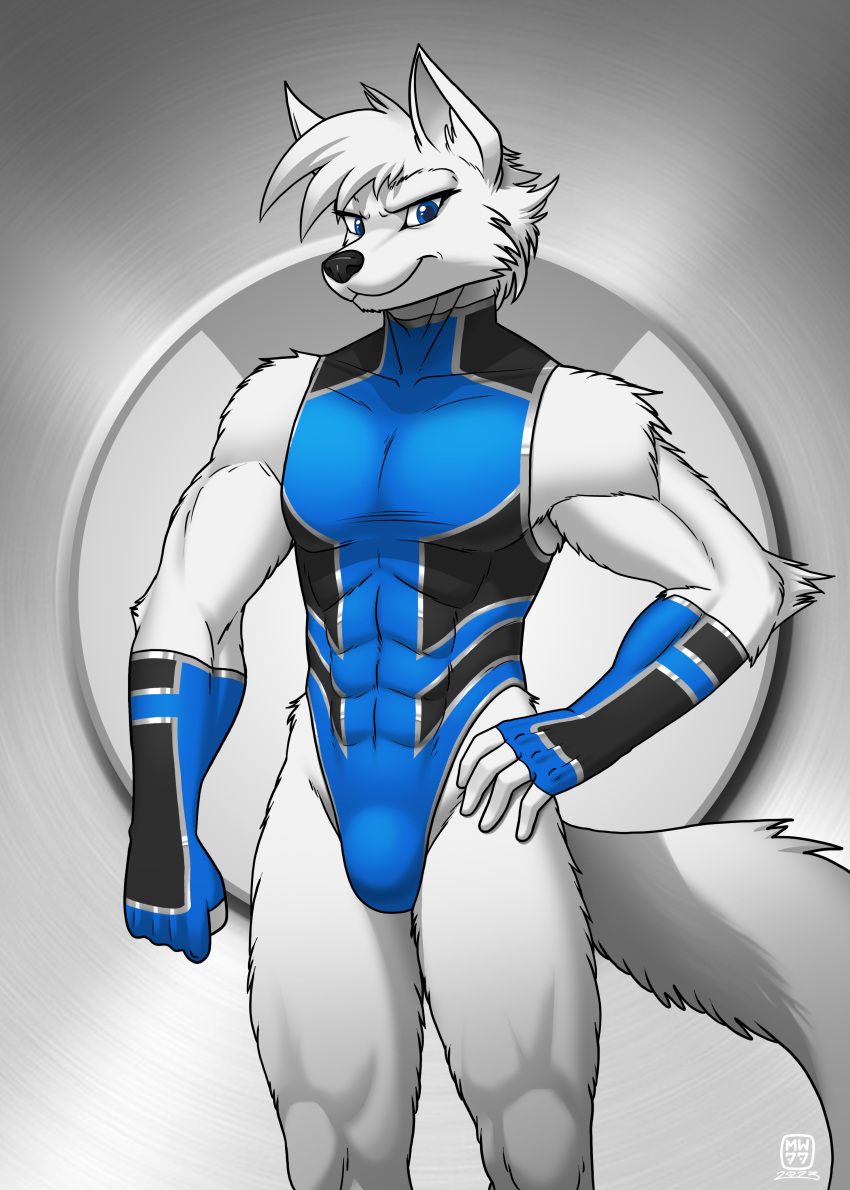 2023 5_fingers abs absurd_res anthro athletic athletic_anthro athletic_male bent_arm black_nose blue_clothing blue_eyes blue_fingerless_gloves blue_gloves blue_handwear blue_leotard canid canine clothed clothing fingerless_gloves fingers fox fur gloves hair handwear hi_res humanoid_hands leotard male mammal megawolf77 solo standing streak_(sansenite) white_body white_fur white_hair