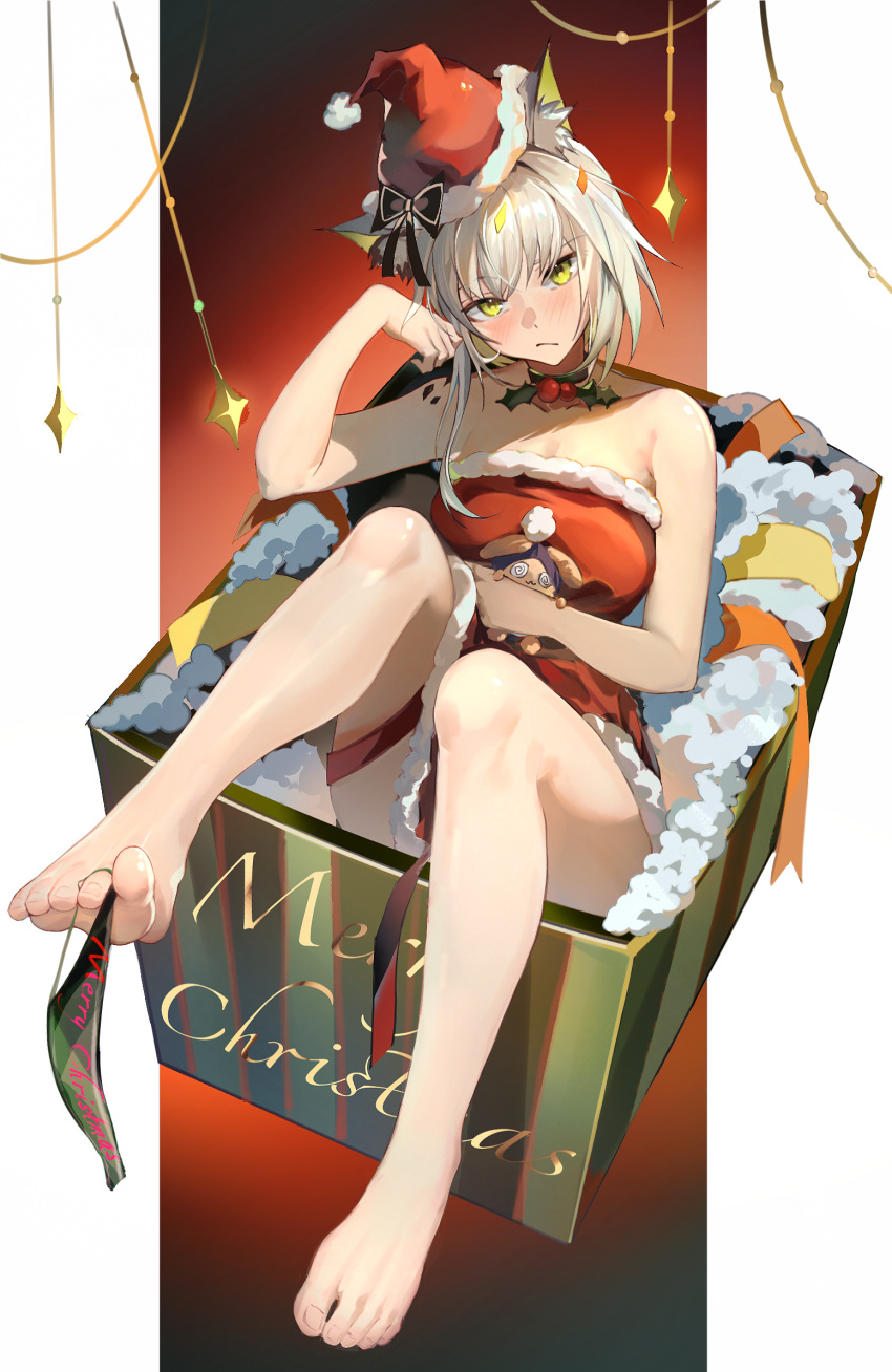 alternate_costume animal_ear_fluff animal_ears arknights arm_rest arm_support armpit_crease bare_arms bare_legs bare_shoulders barefoot between_toes black_ribbon blush box breasts cat_ears cat_girl chinese_commentary choker christmas christmas_lights christmas_present cleavage closed_mouth clothes_between_thighs collarbone commentary_request dress english_commentary expressionless feet feet_up female foot_focus foreshortening from_above full_body fur-trimmed_dress fur-trimmed_headwear fur_trim gift gift_box gift_wrapping gradient_background green_background green_choker green_eyes grey_hair hair_between_eyes hand_in_own_hair hand_on_own_stomach hand_up hat hat_ribbon head_tilt highres holding holding_stuffed_toy holding_with_feet holly in_box in_container invisible_floor kal'tsit_(arknights) knees legs long_hair looking_at_viewer looking_up lying material_growth medium_breasts merry_christmas mixed-language_commentary on_back open_box oripathy_lesion_(arknights) outside_border pillarboxed pom_pom_(clothes) red_background red_dress red_hat red_ribbon ribbon santa_costume santa_hat shadow shiny_skin short_dress single_sidelock solo strapless strapless_dress stuffed_toy tabayashi thighs toenails toes yellow_ribbon