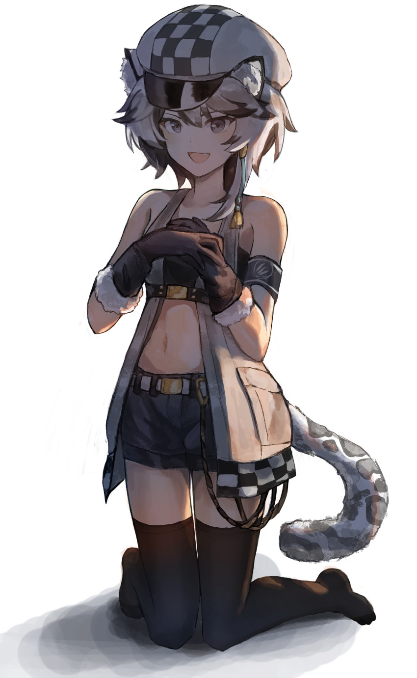 :d absurdres animal_ears arknights armband bad_id bad_pixiv_id bandeau bare_shoulders black_gloves black_shorts black_thighhighs cabbie_hat cliffheart_(arknights) commentary_request female gloves grey_eyes grey_hair hat highres kneeling looking_at_viewer md5_mismatch midriff mmia navel no_shoes oerba_yun_fang open_mouth resolution_mismatch short_hair short_shorts shorts sleeveless smile snow_leopard_ears snow_leopard_girl snow_leopard_tail solo source_larger stomach tail thighhighs