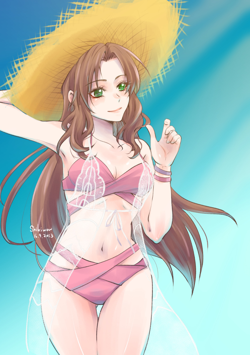 absurdres aerith_gainsborough aerith_gainsborough_(sunny_robe) aqua_background arm_behind_head artist_name bare_shoulders bikini bracelet breasts brown_hair cleavage closed_mouth cowboy_shot dated female final_fantasy final_fantasy_vii final_fantasy_vii_ever_crisis final_fantasy_vii_remake green_eyes hand_on_headwear hat highres jewelry lace long_hair medium_breasts navel official_alternate_costume parted_bangs pink_bikini shawl shikiwo sidelocks smile solo standing straw_hat surplice swimsuit thigh_gap wavy_hair