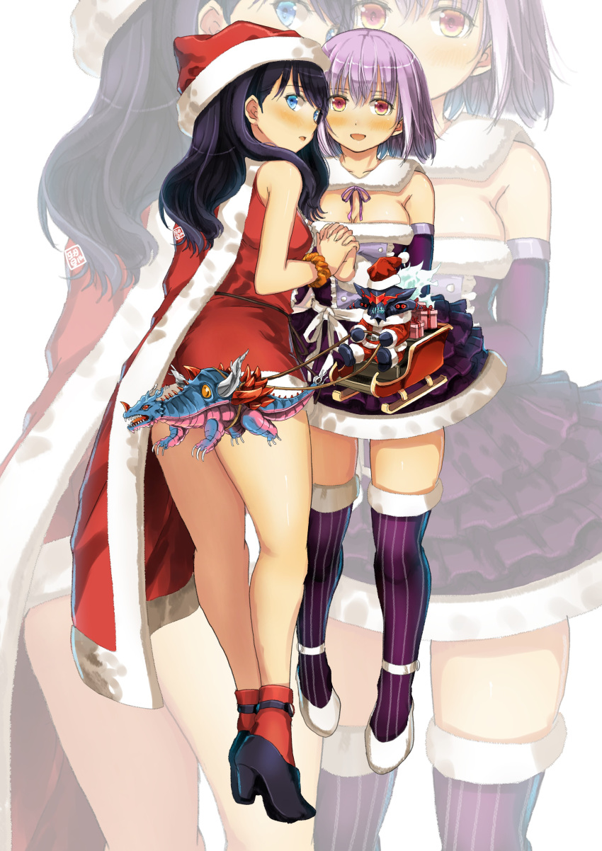 2girls absurdres alexis_kerib black_hair blue_eyes blush commentary dress garimpeiro gridman_universe hat highres long_hair looking_at_viewer multiple_girls orange_eyes purple_hair santa_costume santa_dress santa_hat shinjou_akane short_hair ssss.gridman takarada_rikka