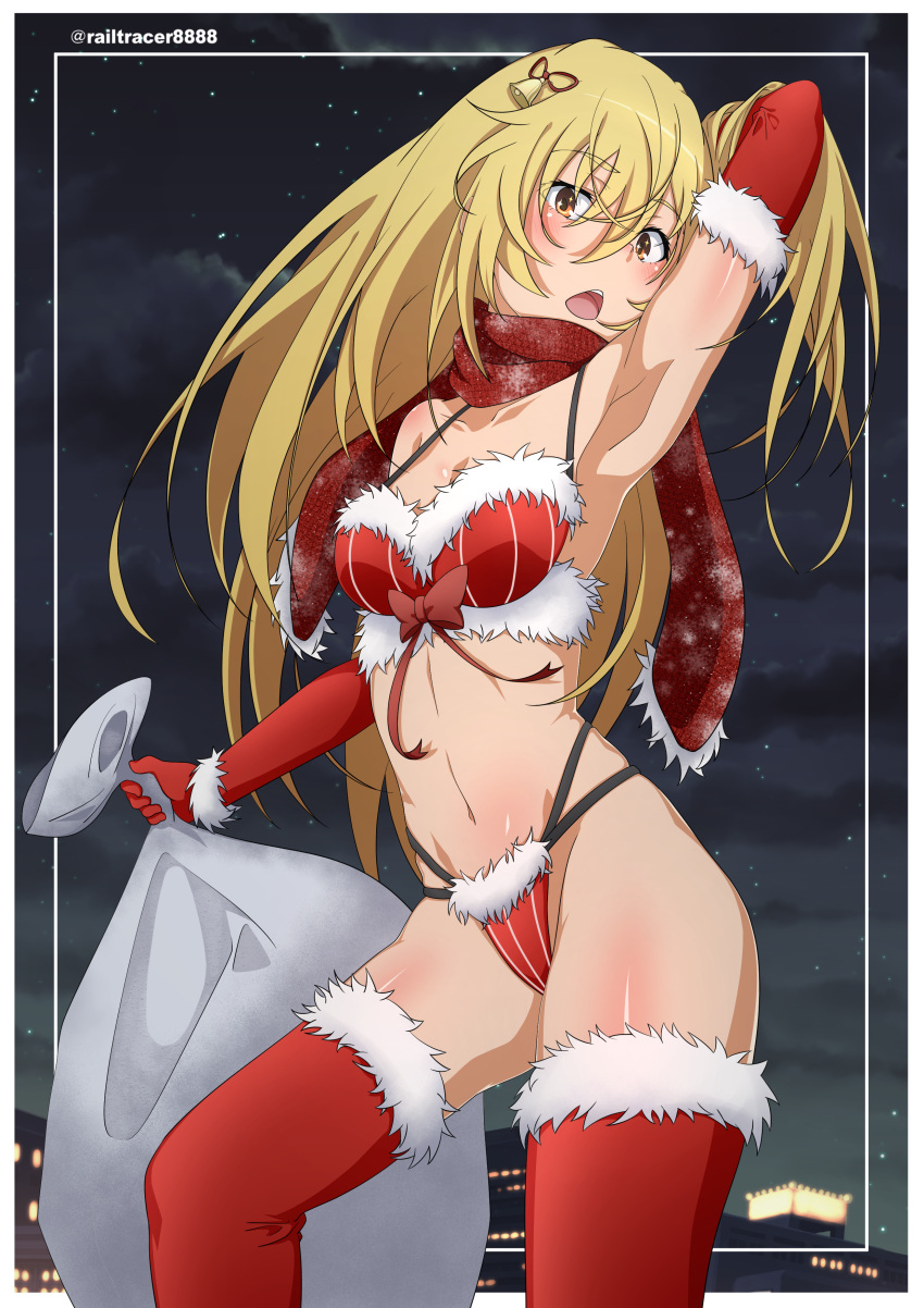 absurdres alternate_breast_size arm_behind_head arm_up armpits bell bikini blonde_hair border breasts christmas cityscape commentary_request elbow_gloves female fur-trimmed_bikini fur-trimmed_gloves fur-trimmed_thighhighs fur_trim gloves hair_bell hair_ornament head_tilt highres holding holding_sack long_hair looking_at_viewer medium_breasts multi-strapped_bikini_bottom navel night open_mouth orange_eyes outdoors outside_border presenting_armpit railtracer8888 red_bikini red_gloves red_scarf red_thighhighs sack santa_bikini scarf shokuhou_misaki solo standing swimsuit thighhighs toaru_kagaku_no_railgun toaru_majutsu_no_index twitter_username very_long_hair white_border