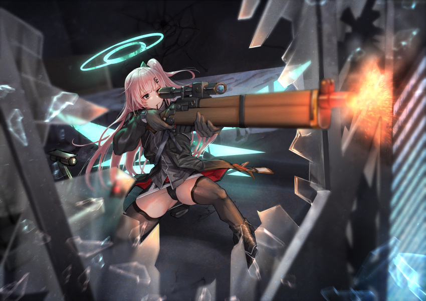 absurdres ambriel_(arknights) arknights black_gloves black_jacket black_panties black_thighhighs bolt_action broken_window commission detached_wings energy_wings female firing food food_in_mouth gloves gun halo highres holding holding_gun holding_weapon jacket kuromu lee-enfield long_hair long_sleeves mouth_hold one_side_up panties pink_hair pixiv_commission pocky pocky_in_mouth purple_eyes rifle solo thighhighs underwear weapon wings