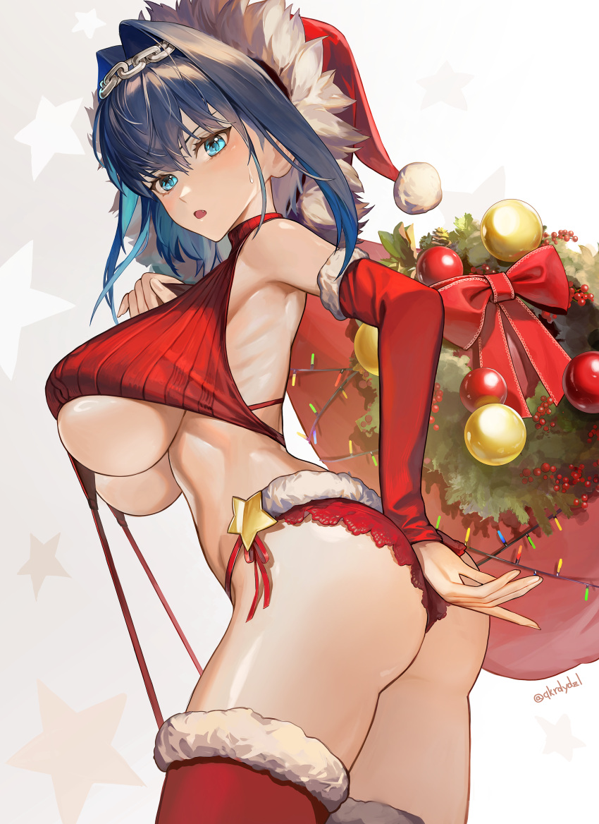 absurdres ass bare_shoulders blue_eyes blue_hair blush breasts christmas english_commentary female hair_intakes hat highres hololive hololive_english large_breasts looking_at_viewer meme_attire oerba_yun_fang open_mouth ouro_kronii santa_hat santafe99 short_hair simple_background solo thighs underboob virgin_destroyer_sweater virtual_youtuber white_background