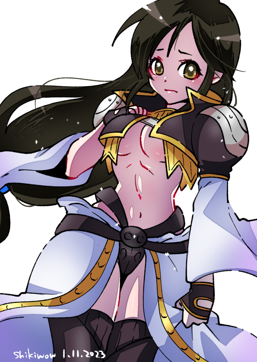 armor artist_name black_hair black_thighhighs breasts brown_eyes cosplay cowboy_shot dated female final_fantasy final_fantasy_ix garnet_til_alexandros_xvii gloves half_gloves hand_on_own_chest highres kuja kuja_(cosplay) long_hair medium_breasts midriff navel shikiwo shoulder_armor simple_background solo thighhighs underboob white_background white_sleeves