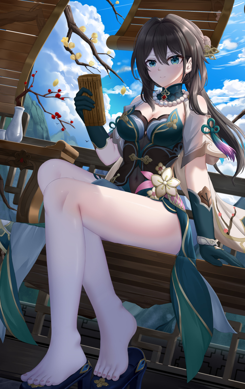 absurdres aqua_dress aqua_gloves bamboo_screen bare_legs bare_shoulders barefoot black_hair blue_eyes blue_sky breasts cleavage cloud commentary_request covered_navel day dress feet female gloves highres holding honkai:_star_rail honkai_(series) legs long_hair looking_at_viewer nail_polish ruan_mei_(honkai:_star_rail) short_sleeves sitting sky skym_(kumei) smile solo thighs toenail_polish toenails toes very_long_hair