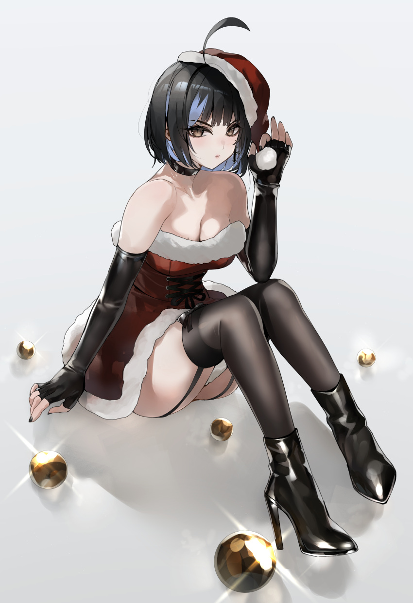 absurdres ahoge black_hair black_nails breasts choker cleavage commentary cross cross_earrings dress earrings elbow_gloves female fingerless_gloves full_body gloves hat high_heels highres huge_ahoge irene_(kanniiepan) jewelry kanniiepan looking_at_viewer medium_breasts original santa_dress santa_hat short_hair sitting solo strapless strapless_dress thighhighs