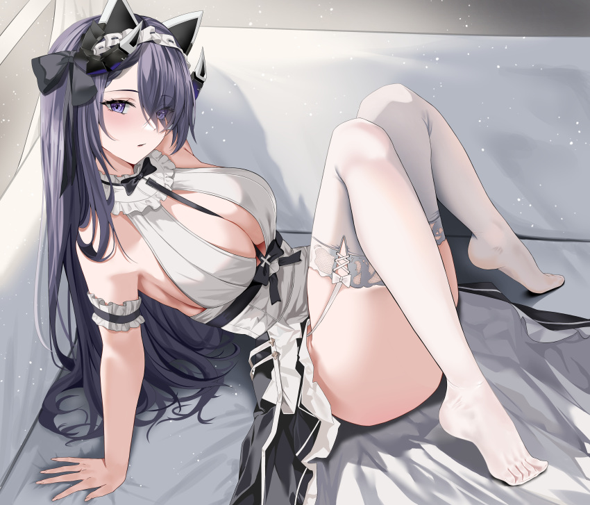 absurdres arm_cuffs august_von_parseval_(azur_lane) azur_lane bare_shoulders black_bow blush bow breasts dlnk english_commentary eyes_visible_through_hair female garter_straps hair_over_one_eye hairbow highres horns lace-trimmed_thighhighs large_breasts long_hair looking_at_viewer looking_to_the_side looking_up maid maid_headdress parted_lips purple_eyes purple_hair solo thighhighs white_thighhighs