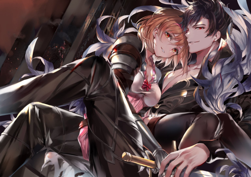 1boy belial_(granblue_fantasy) black_hair black_pants black_shirt black_thighhighs blonde_hair bow breasts brown_eyes cleavage couple crossed_legs djeeta_(granblue_fantasy) dress feather_boa female fighter_(granblue_fantasy) gloves granblue_fantasy head_tilt holding holding_sword holding_weapon looking_at_viewer medium_breasts messy_hair pants parted_bangs parted_lips pink_dress red_bow red_eyes shirt short_dress short_hair sitting sitting_on_lap sitting_on_person smile soraneko_hino straight sword thighhighs weapon