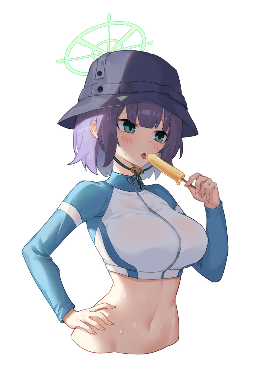 absurdres aqua_eyes black_hat blue_archive blunt_bangs blush breasts bucket_hat commentary cropped_jacket cropped_torso curvy eyebrows_hidden_by_hair female food green_halo halo hand_on_own_hip hand_up hat highres holding holding_food holding_popsicle hot jacket large_breasts multicolored_clothes multicolored_jacket navel official_alternate_costume popsicle purple_hair qumai79 saki_(blue_archive) saki_(swimsuit)_(blue_archive) short_hair simple_background solo stomach sweat tongue tongue_out two-tone_jacket upper_body white_background