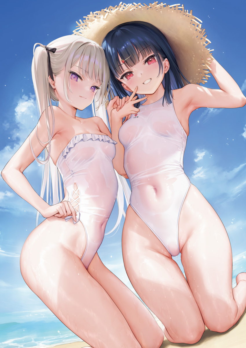 2girls bare_shoulders black_hair blue_sky blush breasts cloud cloudy_sky collarbone covered_navel day frills hand_up hat highleg highleg_swimsuit highres ichigo-chan_(mignon) kneeling kouhai-chan_(mignon) long_hair looking_at_viewer mignon multiple_girls ocean one-piece_swimsuit original outdoors parted_lips purple_eyes red_eyes short_hair sky small_breasts smile strapless strapless_one-piece_swimsuit straw_hat swimsuit teeth thighs tongue tongue_out twintails v water wet wet_clothes wet_swimsuit white_hair white_one-piece_swimsuit