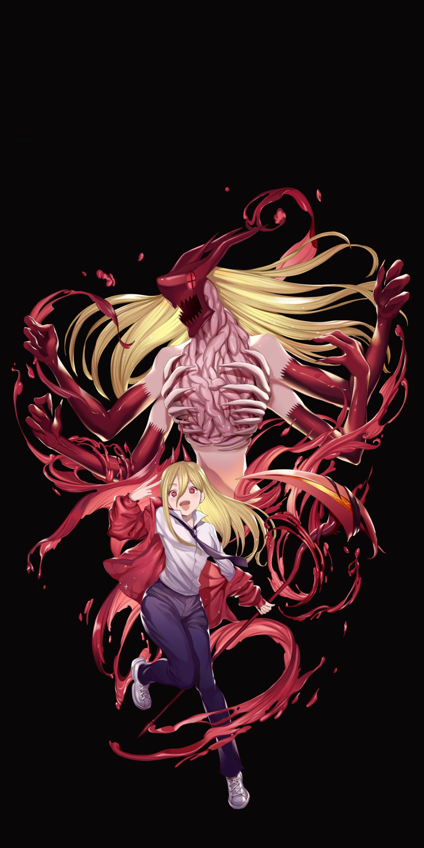 absurdres black_background black_necktie black_pants blood blood_devil_(chainsaw_man) breasts chainsaw_man collared_shirt commentary cross-shaped_pupils dark_background dual_persona extra_arms female hair_between_eyes hemokinesis highres holding holding_scythe horns intestines jacket kiunchiku long_hair looking_at_viewer monster_girl multiple_horns necktie off_shoulder open_mouth pants power_(chainsaw_man) red_eyes red_horns red_jacket ribs scythe sharp_teeth shirt shirt_tucked_in shoes simple_background small_breasts smile sneakers symbol-shaped_pupils teeth very_long_hair white_footwear white_shirt