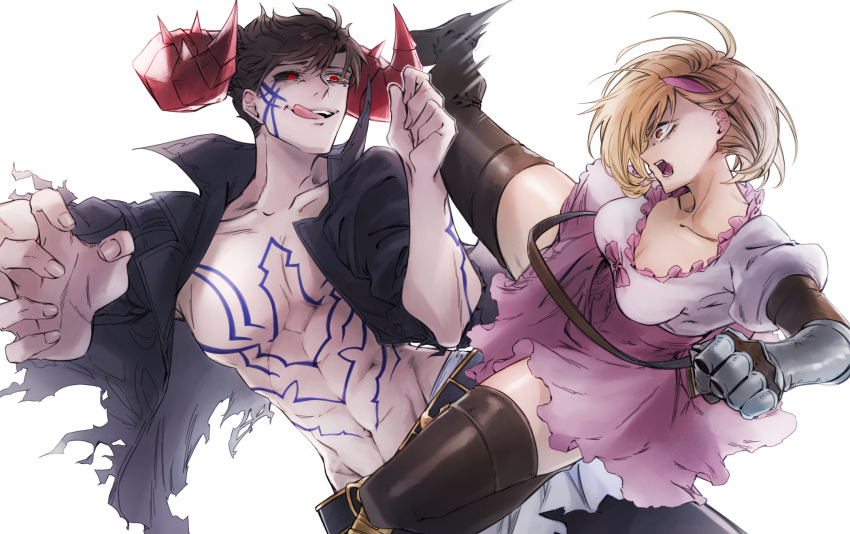 1boy :o abs angry arm_tattoo asatsuki_asagi belial_(granblue_fantasy) belt black_hair black_pants black_sclera black_shirt black_thighhighs blonde_hair bow breasts brown_eyes chest_tattoo collarbone colored_sclera djeeta_(granblue_fantasy) dress facial_mark female fighter_(granblue_fantasy) frills gloves granblue_fantasy granblue_fantasy_versus hairband highres horns kicking looking_at_another medium_breasts messy_hair mismatched_sclera muscular muscular_male open_clothes open_mouth open_shirt pants pink_bow pink_dress pink_hairband red_eyes red_horns roundhouse_kick shiny_clothes shiny_skin shirt short_dress short_hair simple_background spiked_horns tattoo thighhighs tongue tongue_out white_background wide-eyed zettai_ryouiki