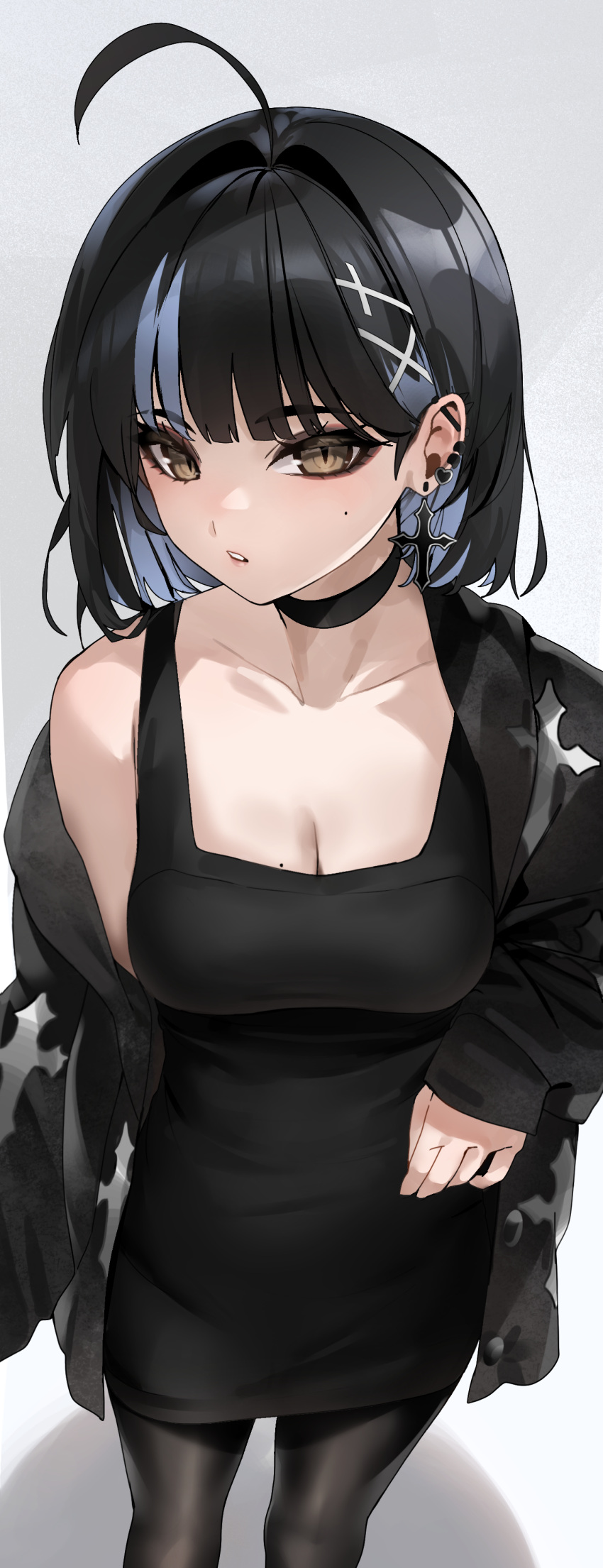 absurdres black_choker black_dress black_hair black_jacket black_pantyhose blue_hair breasts brown_eyes choker cleavage commentary cross cross_earrings dress earrings english_commentary female hair_ornament highres irene_(kanniiepan) jacket jewelry kanniiepan large_breasts looking_at_viewer mole mole_on_breast multicolored_hair open_clothes open_jacket original pantyhose parted_lips short_hair single_earring sleeveless sleeveless_dress solo standing two-tone_hair x_hair_ornament