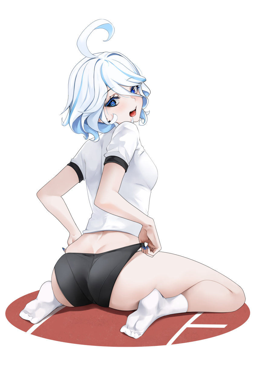 absurdres ahoge alternate_costume ass bad_id bad_pixiv_id blue_eyes blue_hair blue_nails buruma butt_crack feet female fingernails from_behind full_body furina_(genshin_impact) genshin_impact gym_uniform hair_between_eyes heterochromia highres light_blue_hair looking_at_viewer looking_back multicolored_hair nail_polish no_shoes noir_(4chan) open_mouth shirt short_hair short_sleeves sidelocks simple_background smile socks soles solo streaked_hair teeth thighs toes two-tone_hair upper_teeth_only white_background white_shirt white_socks