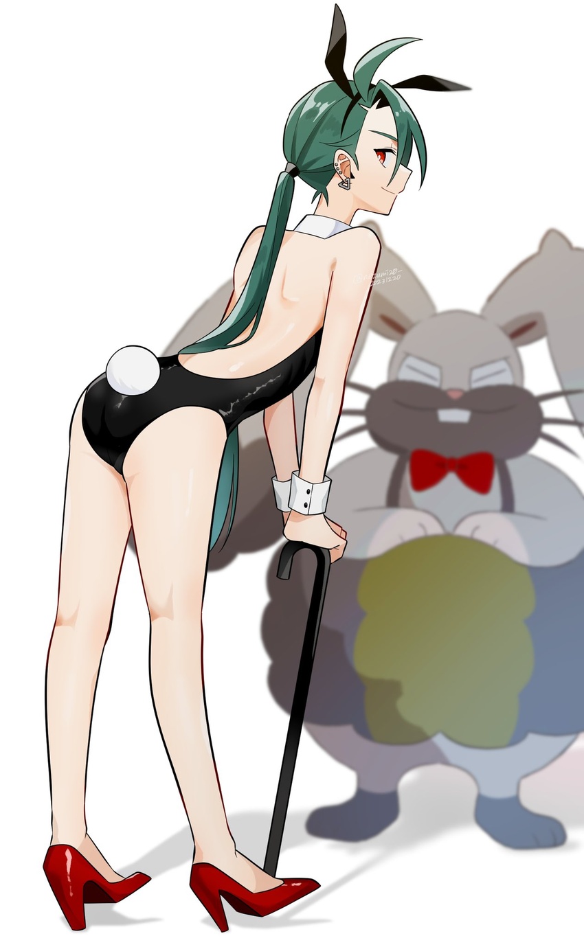 ass back blurry blurry_background cane closed_mouth collar commentary_request detached_collar diggersby earrings female flat_ass from_behind full_body genjitsu_o_miro green_hair high_heels highres holding holding_cane jewelry leaning_forward long_hair low_ponytail playboy_bunny pokemon pokemon_(creature) pokemon_sv rabbit red_eyes red_footwear rika_(pokemon) simple_background smile white_background white_collar