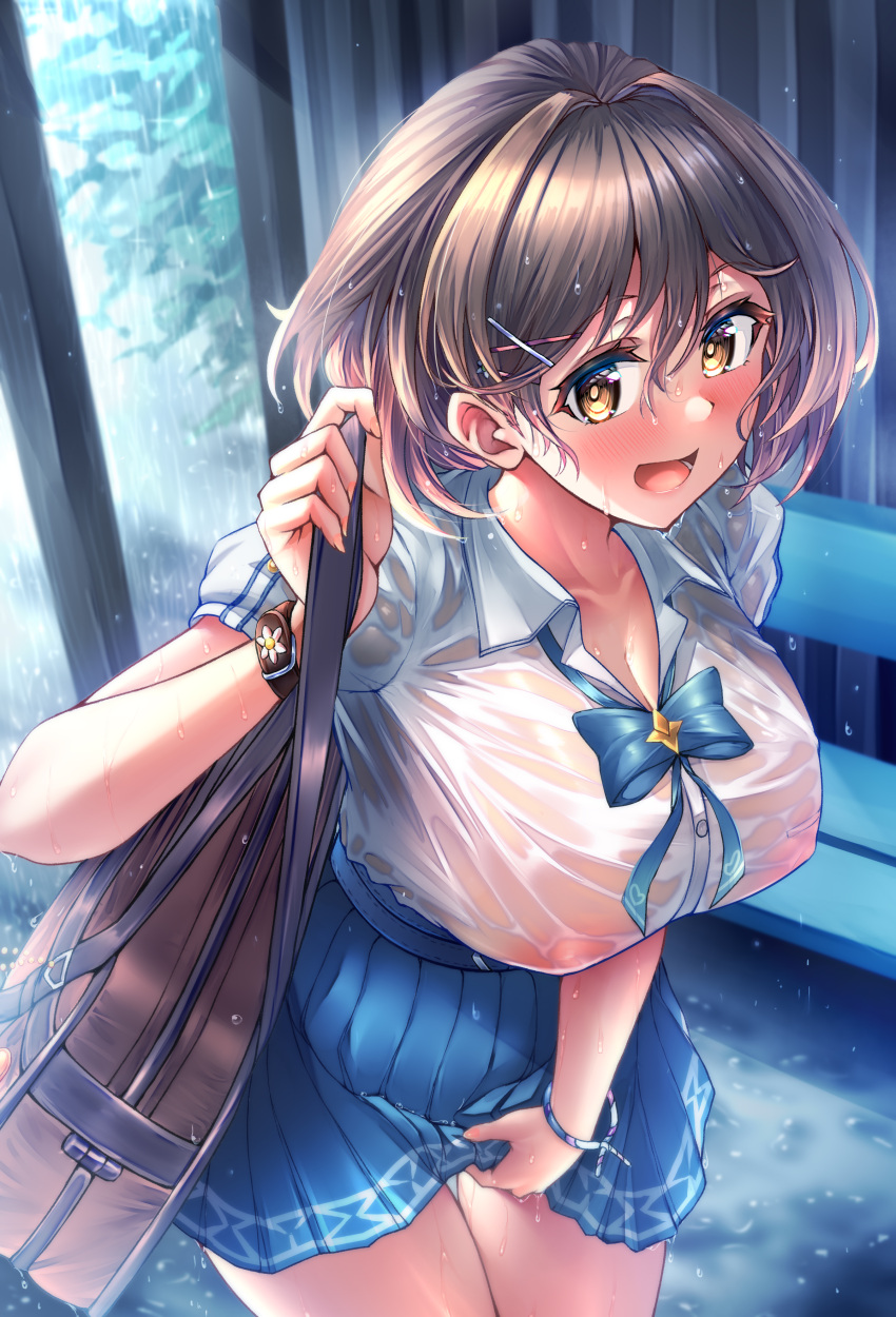 :d absurdres bag blue_bow blue_skirt blush bow breasts brown_hair cleavage commentary_request cowboy_shot dot_nose female granblue_fantasy hair_intakes hair_ornament hairclip highres large_breasts looking_at_viewer nipples no_bra open_mouth pleated_skirt school_bag school_uniform see-through shirt short_hair skirt smile solo standing stir255 tajiri_miku thigh_gap underwear wet wet_clothes wet_shirt white_shirt yellow_eyes