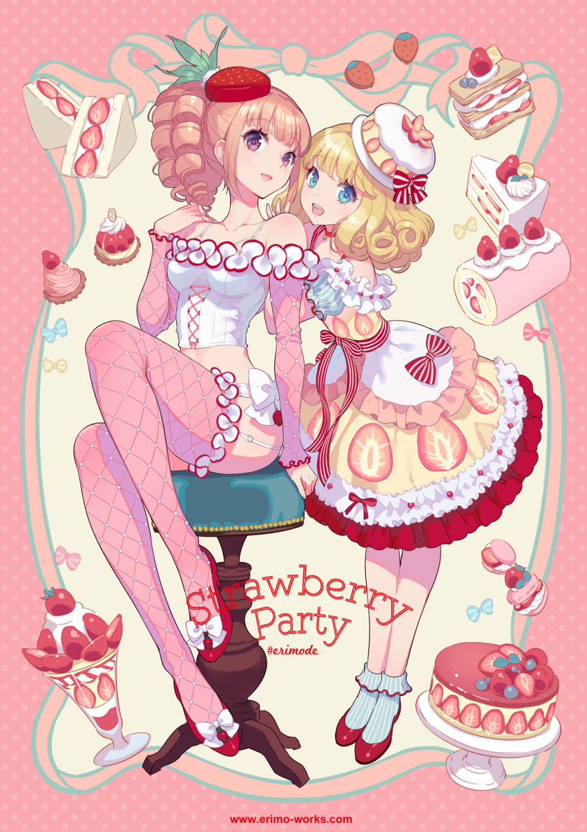 2girls :d ankle_socks artist_name bare_shoulders blonde_hair blue_eyes blueberry bow breasts bustier cake cake_slice center_cross_lace choker curly_hair detached_sleeves dress drill_hair food food-themed_clothes food-themed_hair_ornament footwear_bow frilled_dress frilled_sleeves frilled_socks frilled_thighhighs frills fruit full_body garter_belt hair_ornament hat high_heels highres inset_border layered_dress leaf light_brown_hair long_hair looking_at_viewer macaron macaron_hair_ornament midriff multiple_girls nishimura_eri open_mouth original parfait pink_sleeves pink_theme pink_thighhighs polka_dot polka_dot_background puffy_sleeves purple_eyes red_footwear sidelocks sitting small_breasts smile socks standing stool strawberry strawberry_hair_ornament strawberry_parfait strawberry_shortcake striped_bow striped_clothes striped_socks sweets sweets_lingerie thighhighs web_address white_bow