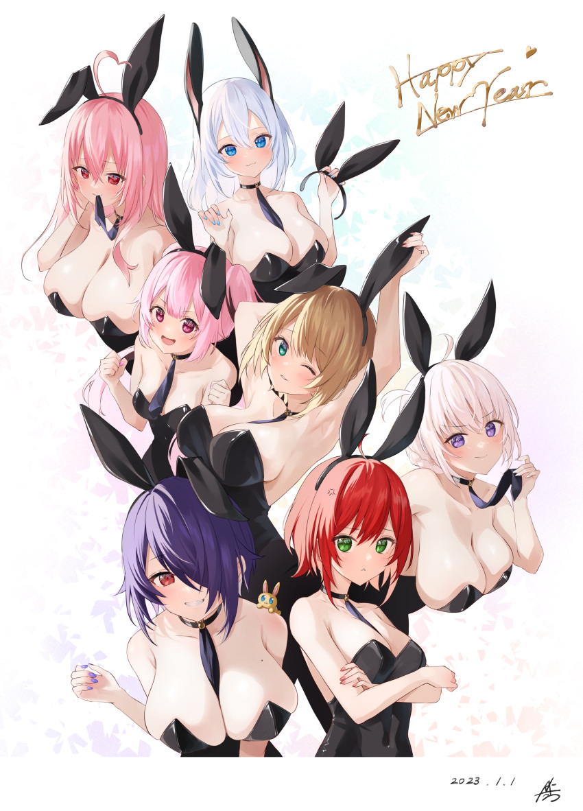 6+girls absurdres ahoge anger_vein animal_ears animal_on_shoulder aogiri_koukou arm_behind_head arm_up bare_shoulders between_breasts black_leotard black_necktie blue_eyes blue_nails breasts brown_hair chiyoura_chiyomi clenched_hands collarbone crossed_arms dated fake_animal_ears gabu_rielu green_eyes grey_hair hair_between_eyes hair_over_one_eye happy_new_year heart heart_ahoge highres ishikari_akari kkix25 kurikoma_komaru large_breasts leotard long_hair mouth_hold multiple_girls necktie necktie_in_mouth one_eye_closed ooshiro_mashiro otodama_tamako pink_hair playboy_bunny purple_eyes purple_hair purple_nails rabbit_ears red_eyes red_hair red_nails signature small_breasts smile strapless strapless_leotard twintails virtual_youtuber white_hair yamaguro_nekuro