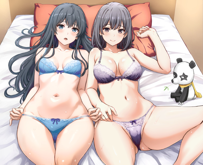 2girls absurdres ahoge ass_visible_through_thighs bed black_eyes black_hair blue_bra blue_eyes blue_panties blush bow bow_bra bow_panties bra breasts breasts_apart cameltoe closed_mouth collarbone comiket_103 commentary_request crotch_seam groin hair_ribbon hand_up highres inanaki_shiki indoors lace-trimmed_bra lace-trimmed_panties lace_trim light_smile long_hair looking_at_viewer lying medium_breasts medium_hair multiple_girls navel on_back on_bed open_mouth panties panty_tug pillow purple_bra purple_panties red_ribbon ribbon short_hair siblings sisters sitting small_breasts smile spread_legs stuffed_animal stuffed_panda stuffed_toy thighs underwear underwear_only yahari_ore_no_seishun_lovecome_wa_machigatteiru. yukinoshita_haruno yukinoshita_yukino